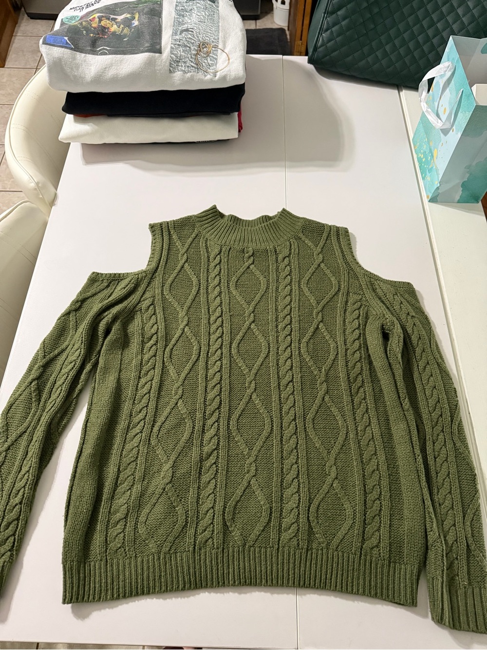 Cloud Chaser Olive Green Cold-Shoulder Cable Knit Sweater